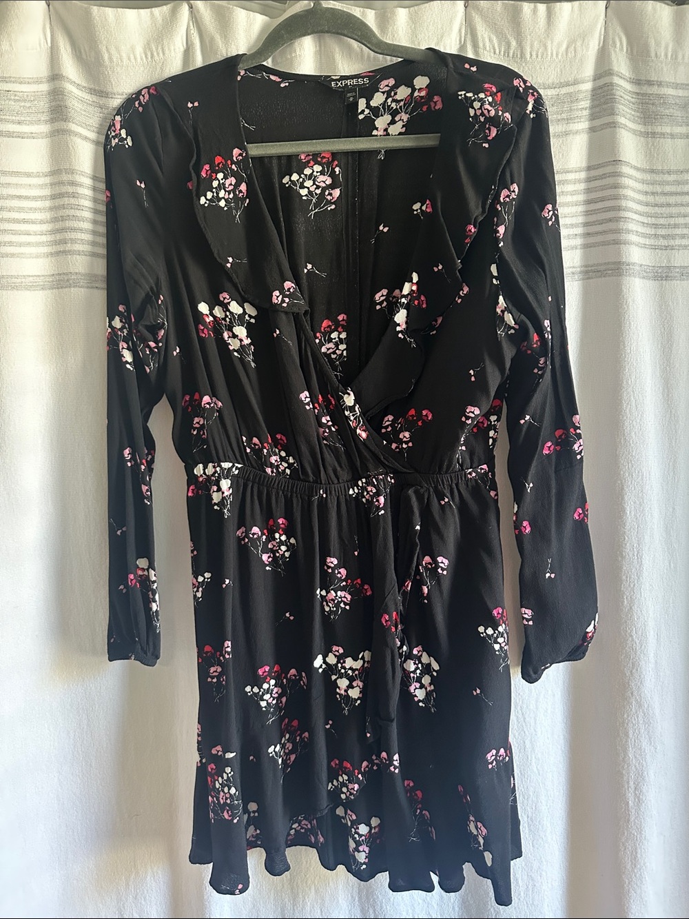 Express Black Floral Long-Sleeve Wrap Dress
